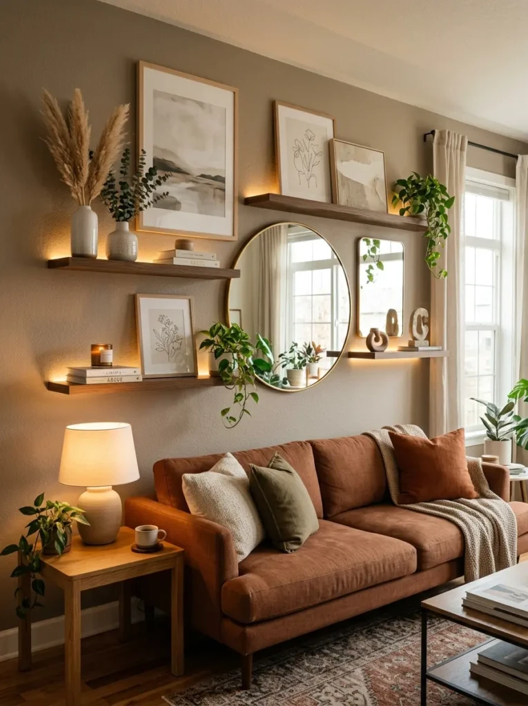 Stylish living room wall combining mirror, artwork, shelves, and lighting elements