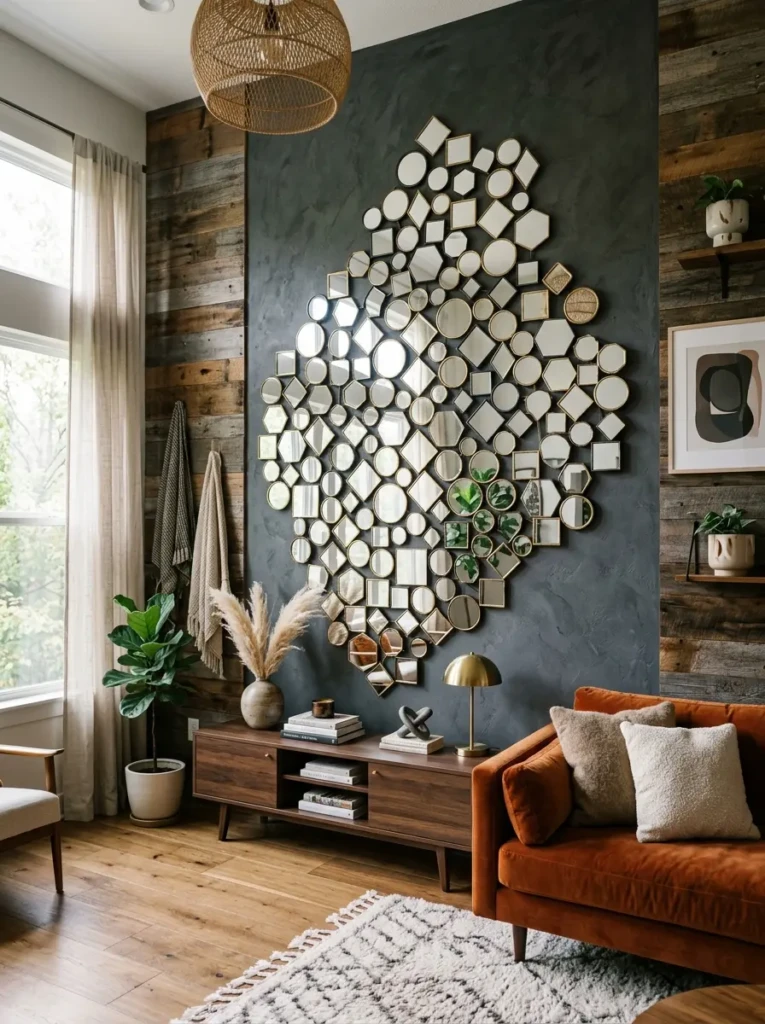 Artistic arrangement of multiple mirrors creating texture and visual interest in living room