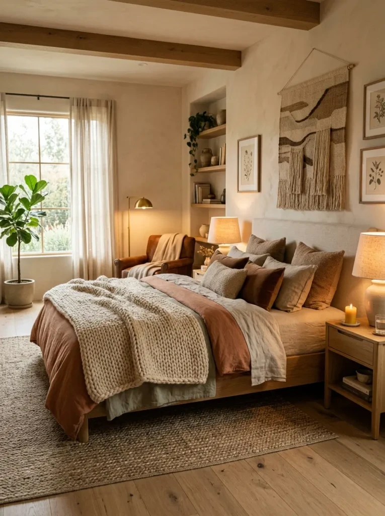 Beautiful warm bedroom with layered textures, soft lighting, and natural materials creating a perfect cozy retreat