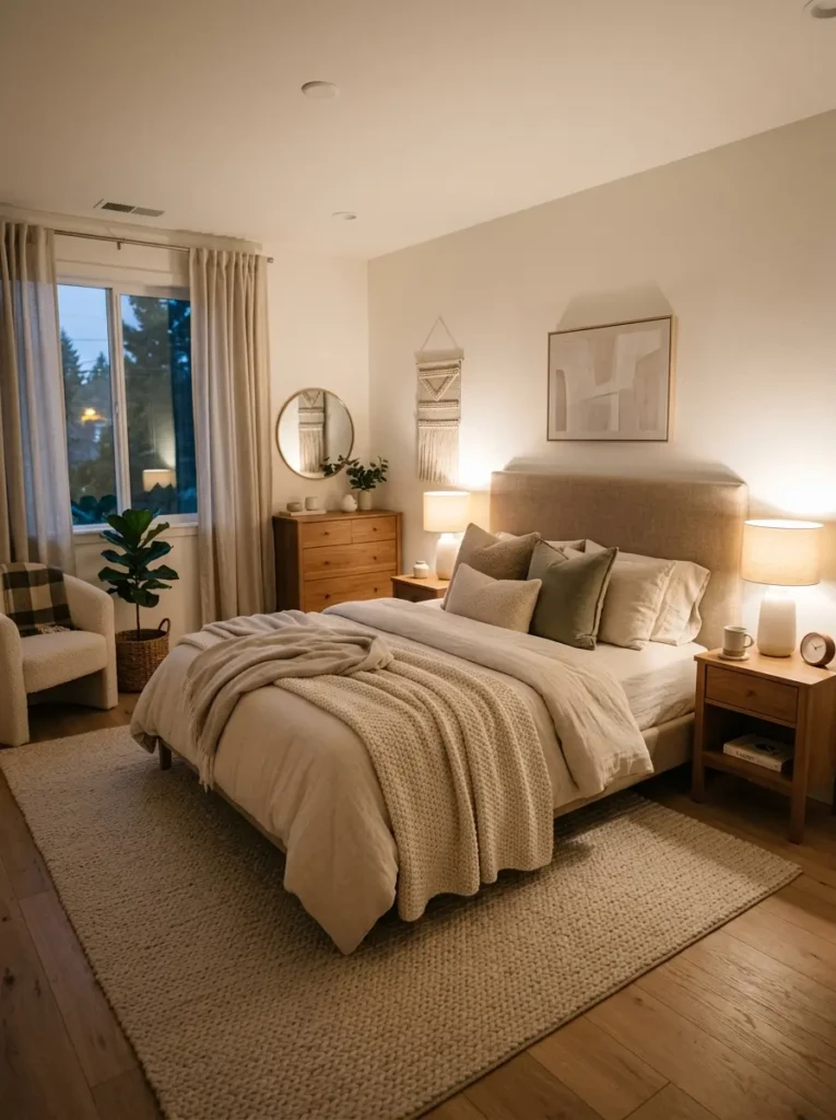 Warm bedroom aesthetic featuring soft textures, neutral colors, and cozy lighting for a calm and inviting atmosphere