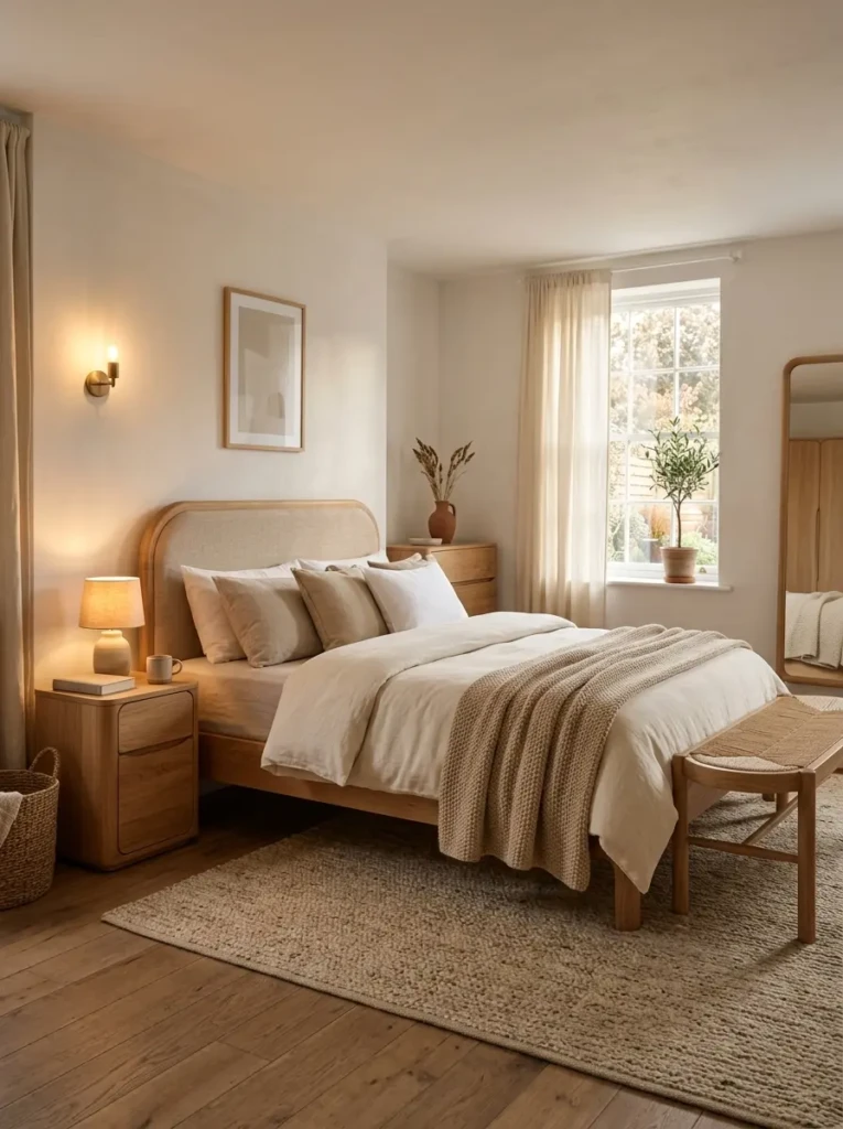 Warm bedroom featuring wooden furniture and neutral decor for a timeless cozy interior style
