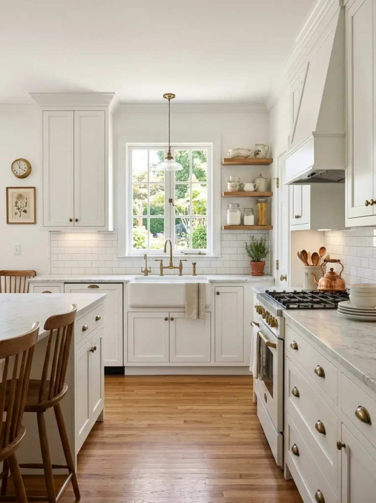 A white kitchen design with subway tiles, marble countertops, and classic vintage accents.
