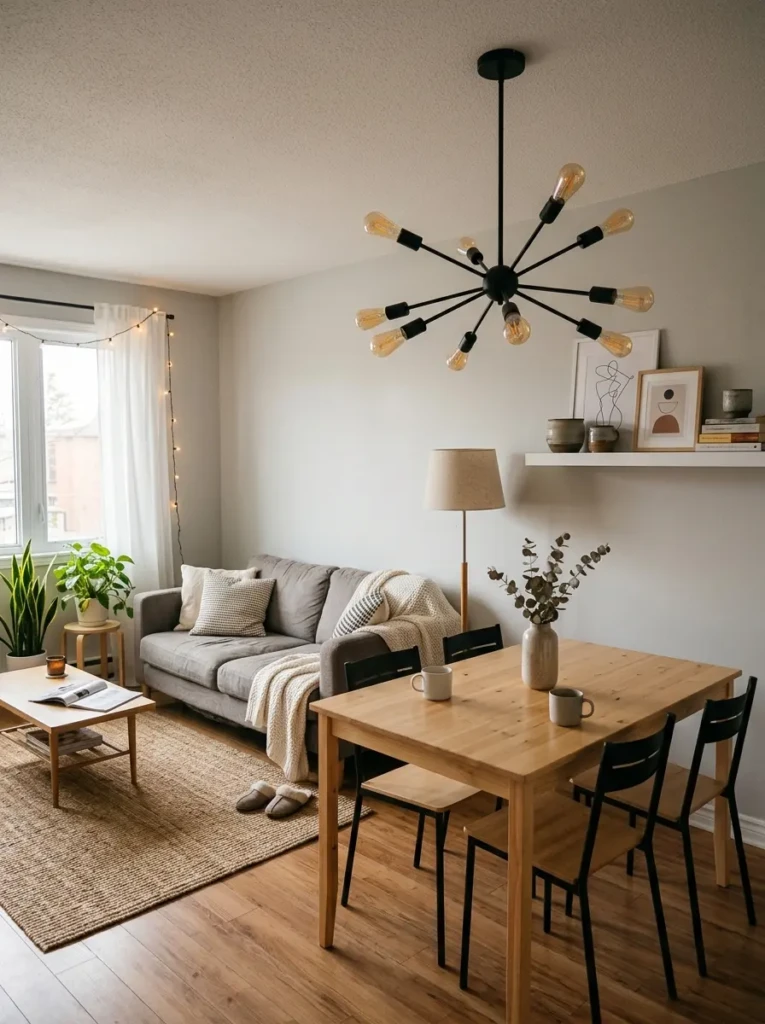 Budget-friendly modern chandelier in a cozy home setting with stylish yet simple decor