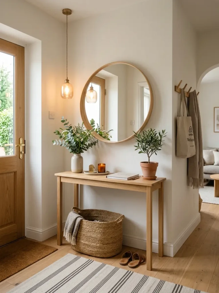 Minimalist Airbnb entrance with mirror, wooden console table, and warm lighting