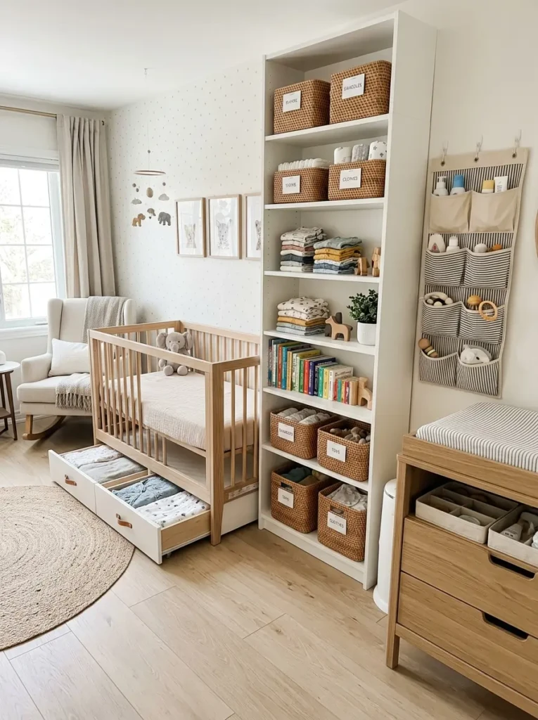 Organized baby nursery with shelves, baskets, and clever storage ideas
