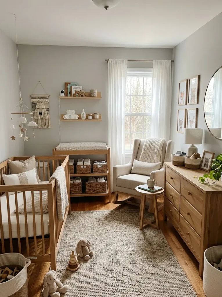 Modern baby nursery featuring crib, rocking chair, and practical storage furniture