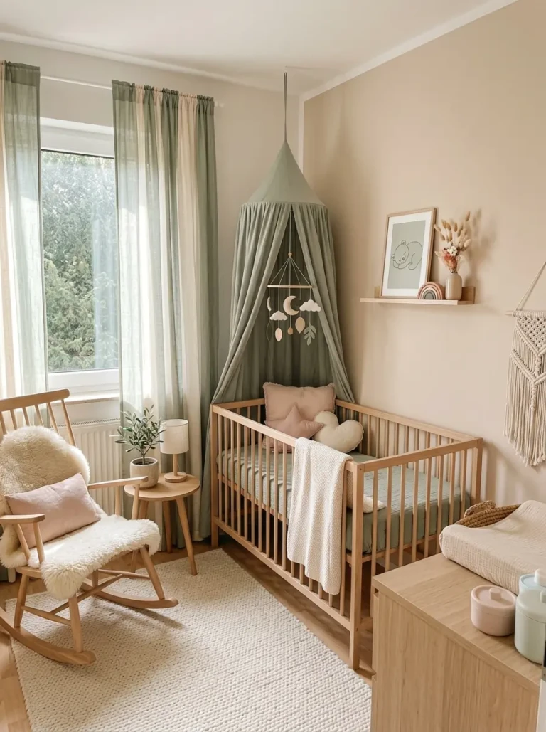Baby bedroom with pastel and neutral colors creating a calm nursery atmosphere