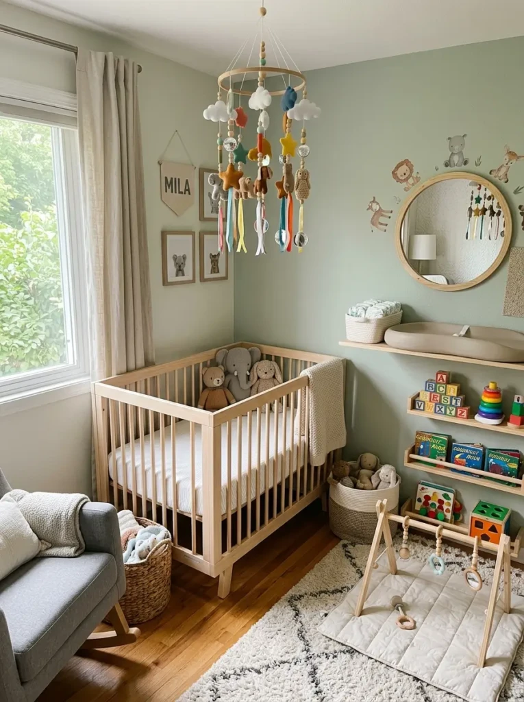 Baby nursery with sensory toys, hanging mobile, and playful learning corner