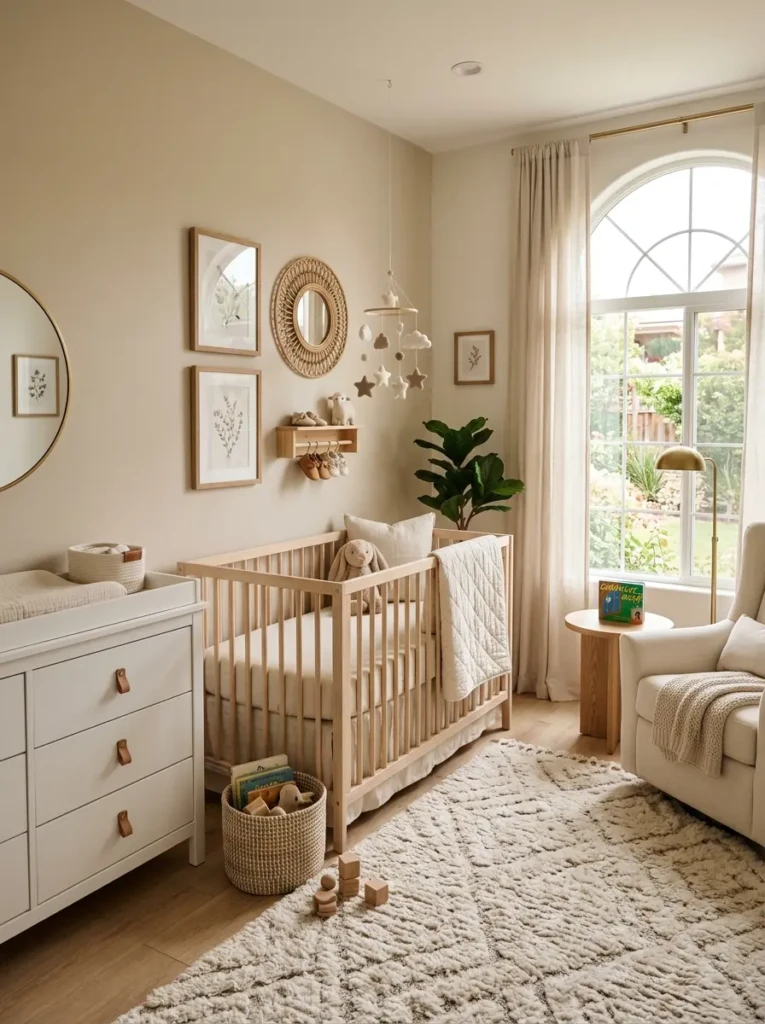 Beautiful baby nursery with cozy crib, soft lighting, and modern nursery décor