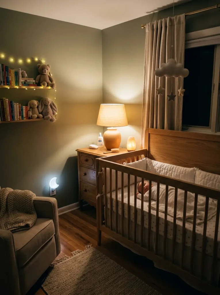 Baby bedroom with soft dimmable lighting and cozy nighttime nursery atmosphere