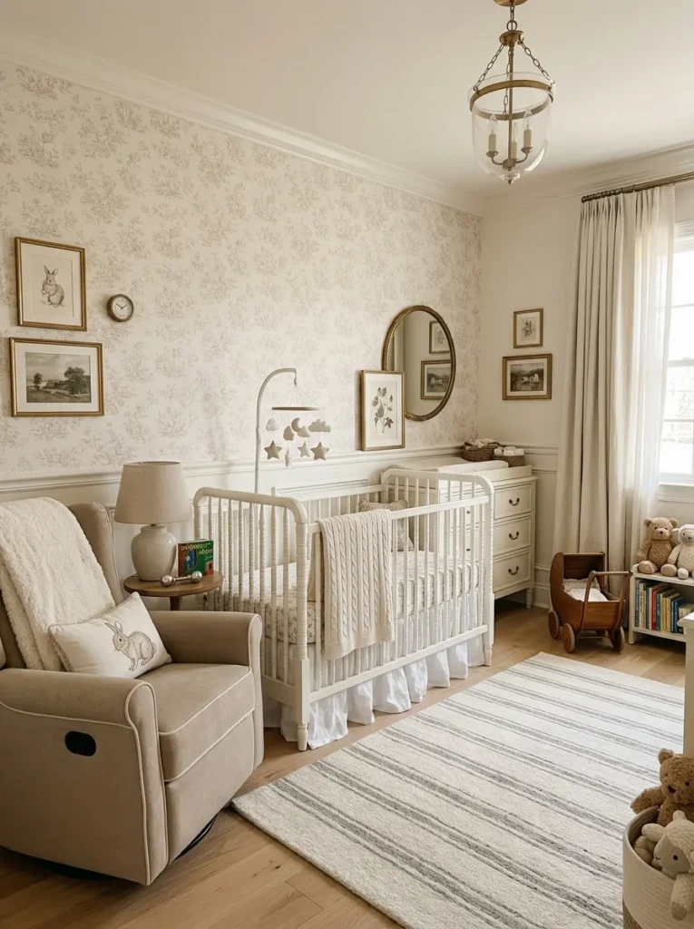 Elegant baby nursery with classic furniture and neutral timeless design