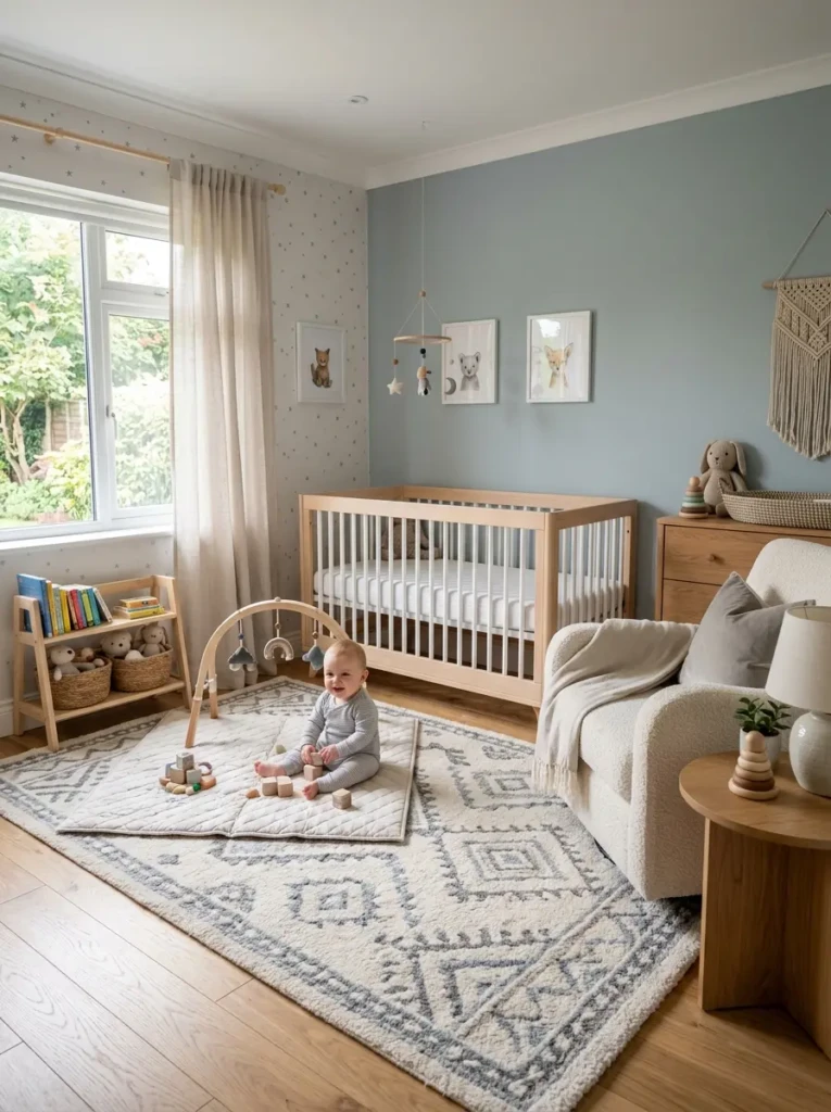 Elegant baby nursery with large patterned rug and cozy play area
