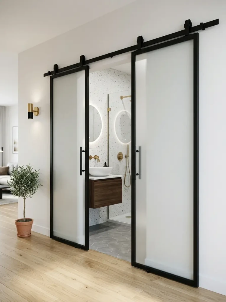 Space-saving sliding bathroom double doors in a modern apartment