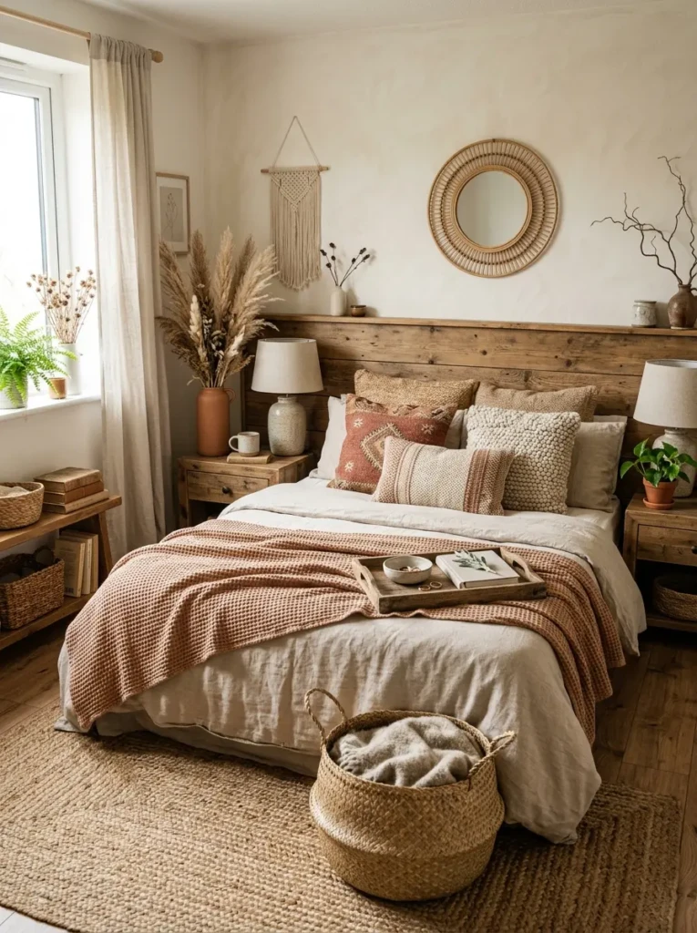 Earthy bedroom aesthetic with ceramic decor, pampas grass, and woven textures