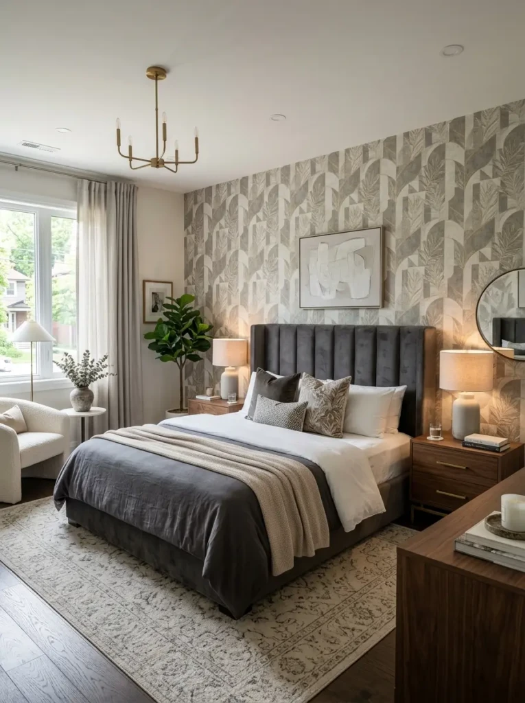 Coordinated bedroom interior with stylish wallpaper and matching upholstered furniture