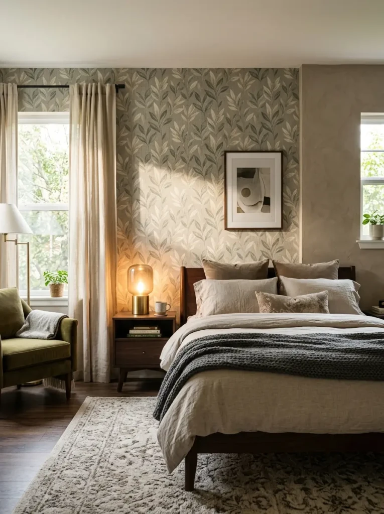 Modern bedroom showing wallpaper texture under natural sunlight and warm lighting
