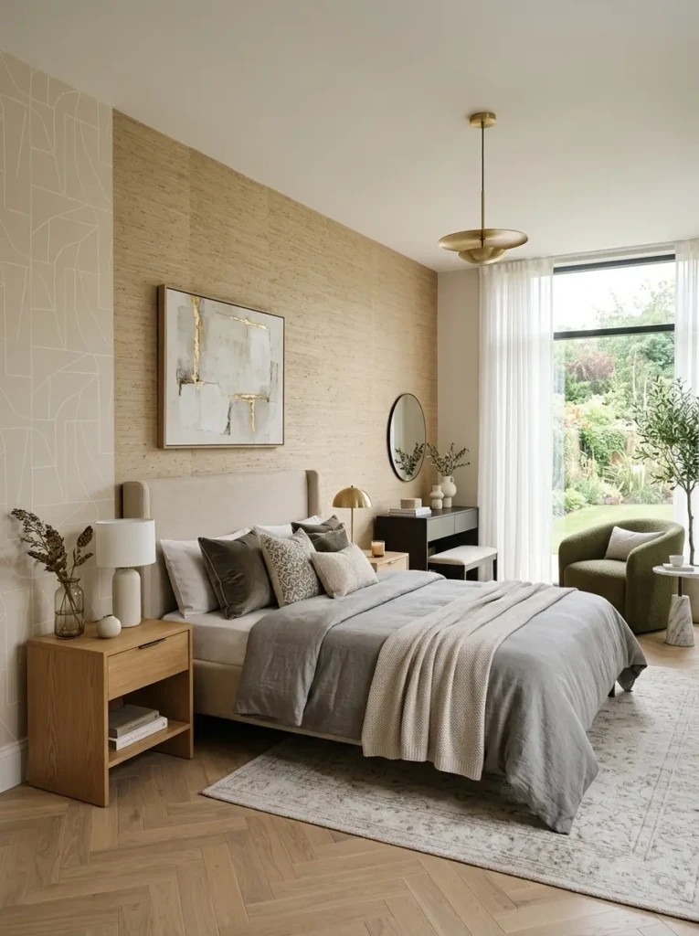 Bedroom interior featuring different wallpaper styles with modern furniture and neutral decor