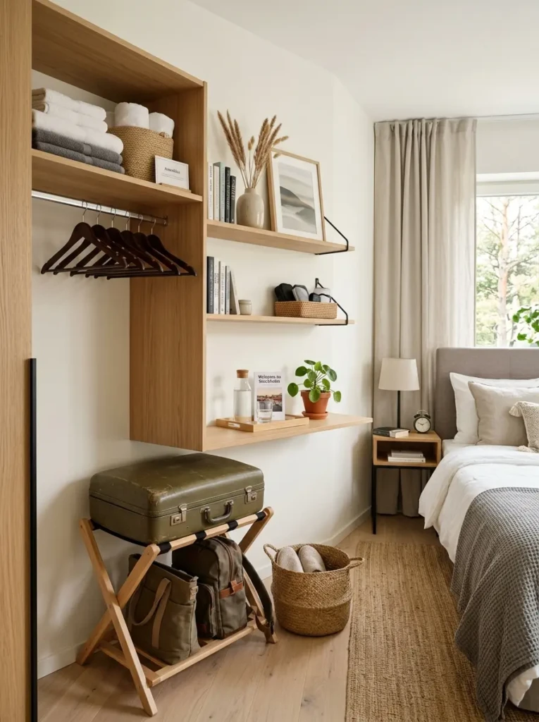 Organized Airbnb bedroom with open shelves and practical guest storage