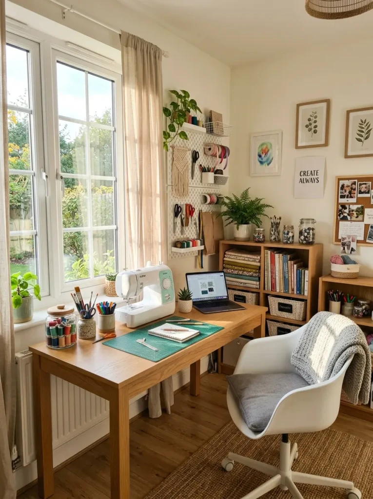 Small spare bedroom converted into a cozy and functional craft room