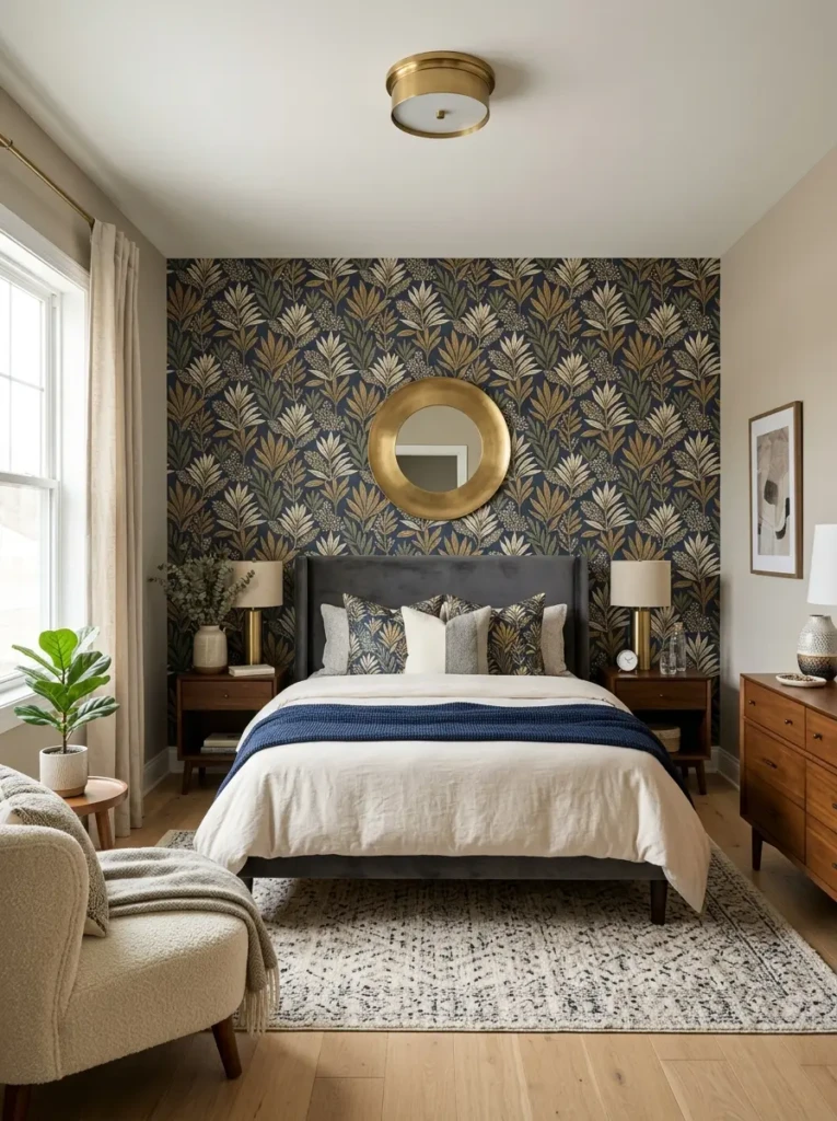 Stylish bedroom combining wallpaper accent wall with soft painted walls
