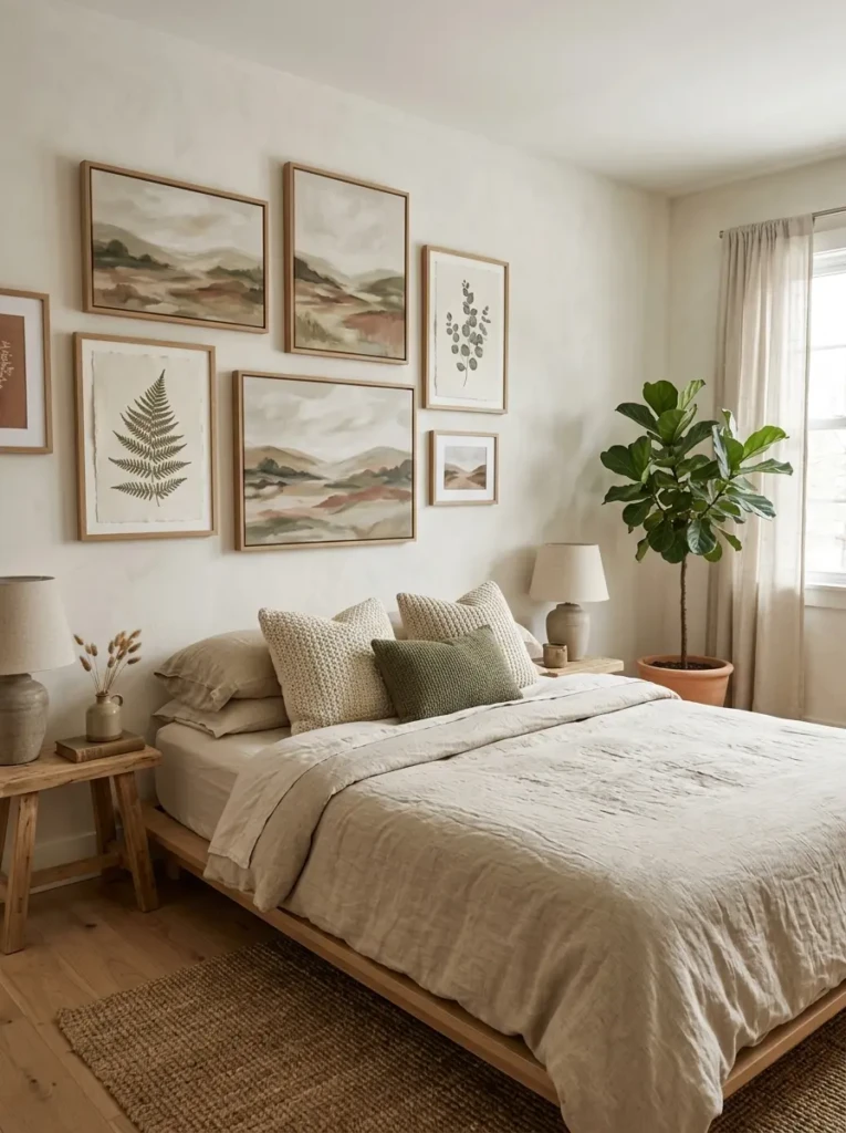 Neutral earthy bedroom with botanical wall art and natural wood frames
