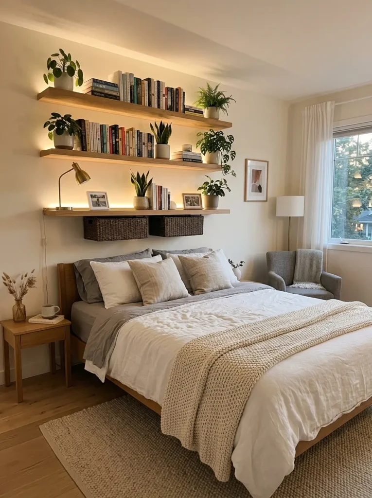 IKEA bedroom featuring floating shelf headboard with books, plants, and warm lighting in a modern setup.