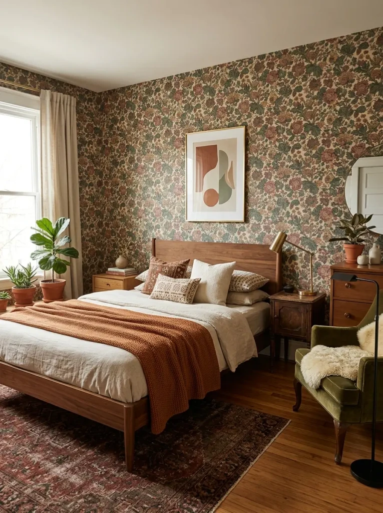 Vintage-inspired bedroom with classic wallpaper patterns and warm elegant styling