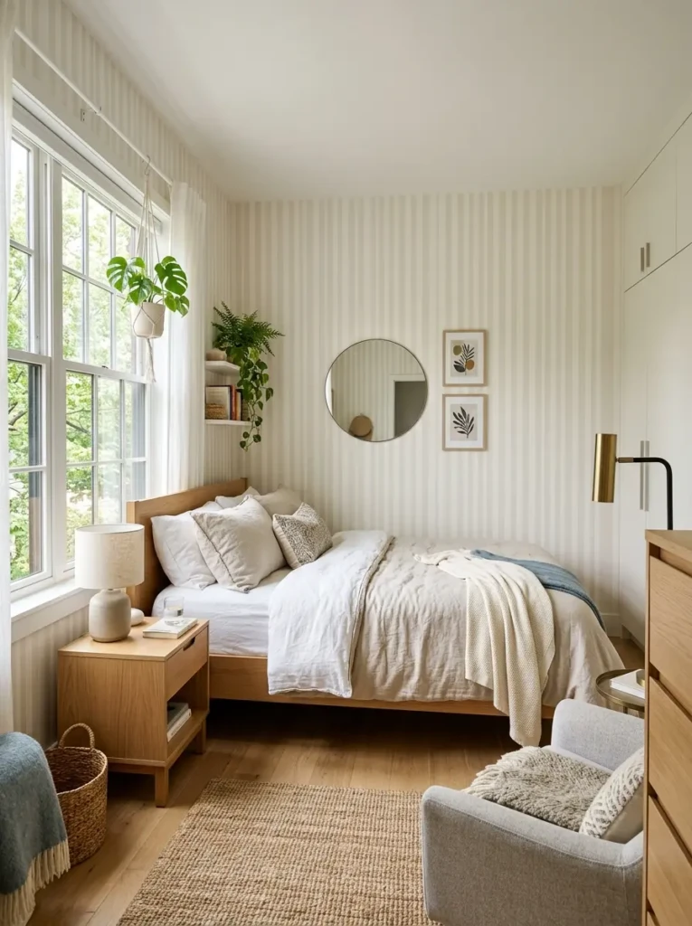 Small bright bedroom with light wallpaper patterns and cozy modern furniture