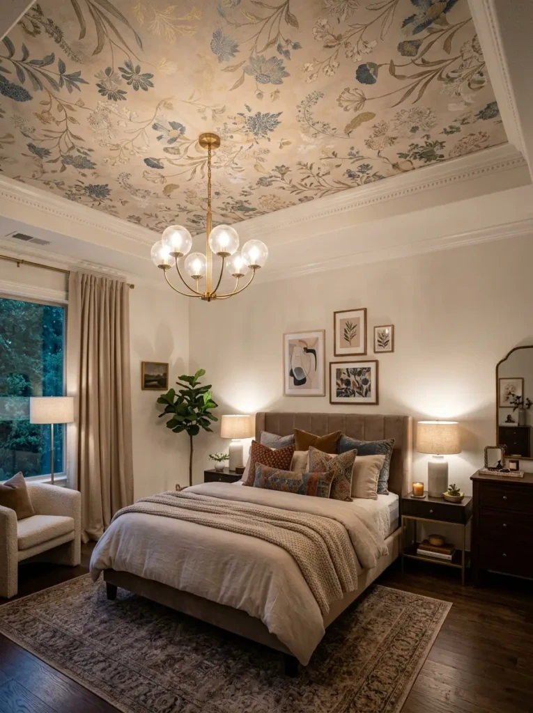Luxury bedroom with artistic wallpaper ceiling and elegant cozy decor