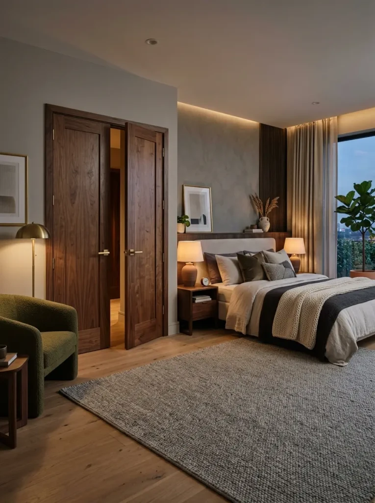Luxury bedroom featuring modern wooden double doors with walnut finish