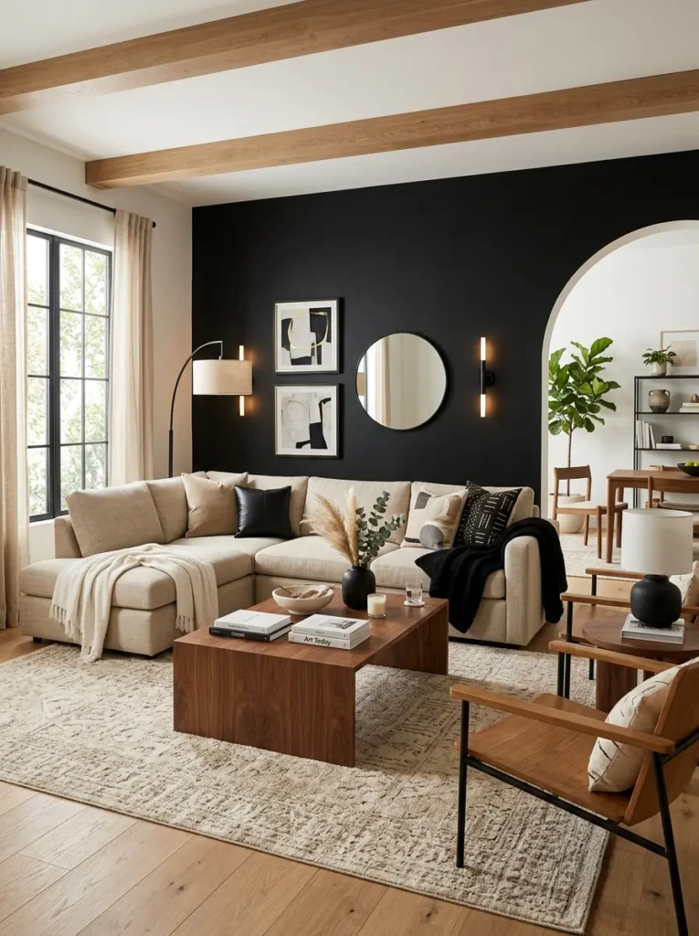 Cream sofa paired with black walls and gold decor accents in a luxurious modern living room.