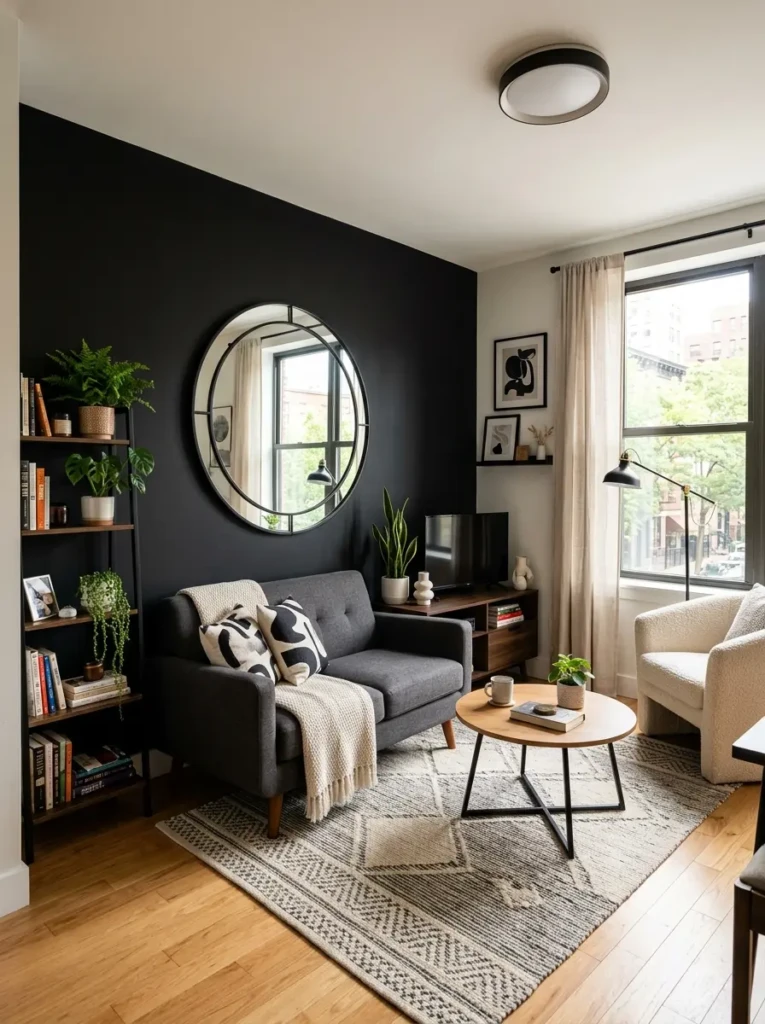 Industrial-style black living room with exposed brick walls, leather sofa, and metal shelving.