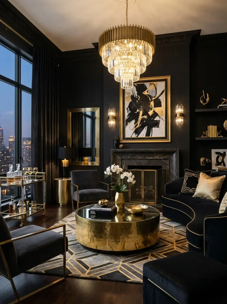 Black living room with oak wood furniture and warm natural textures creating a cozy atmosphere.