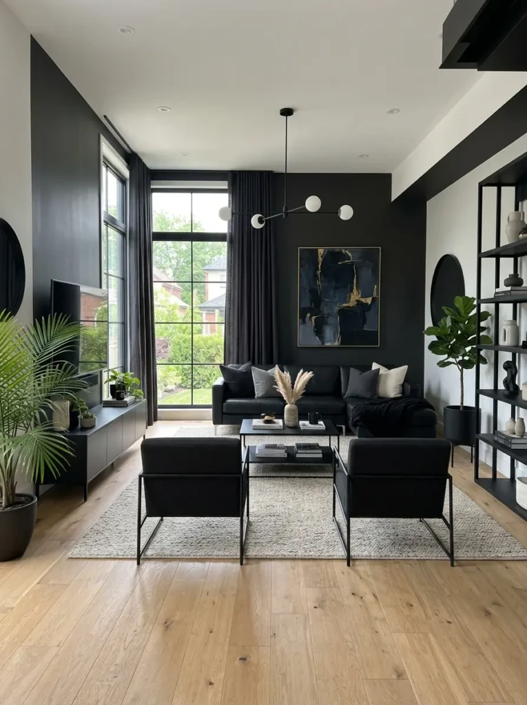 Black living room styled with abstract wall art, sculptural accessories, and indoor greenery.