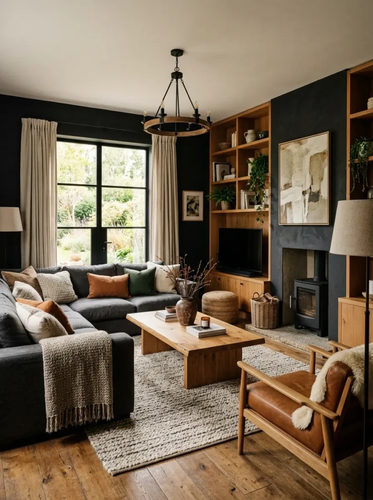 Modern black living room featuring light oak flooring and large neutral area rugs.