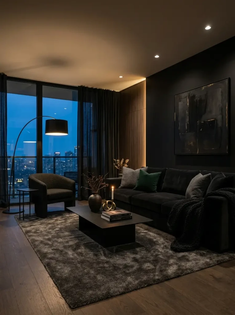 Modern black living room with luxury decor, cozy lighting, and sophisticated contemporary interior styling.