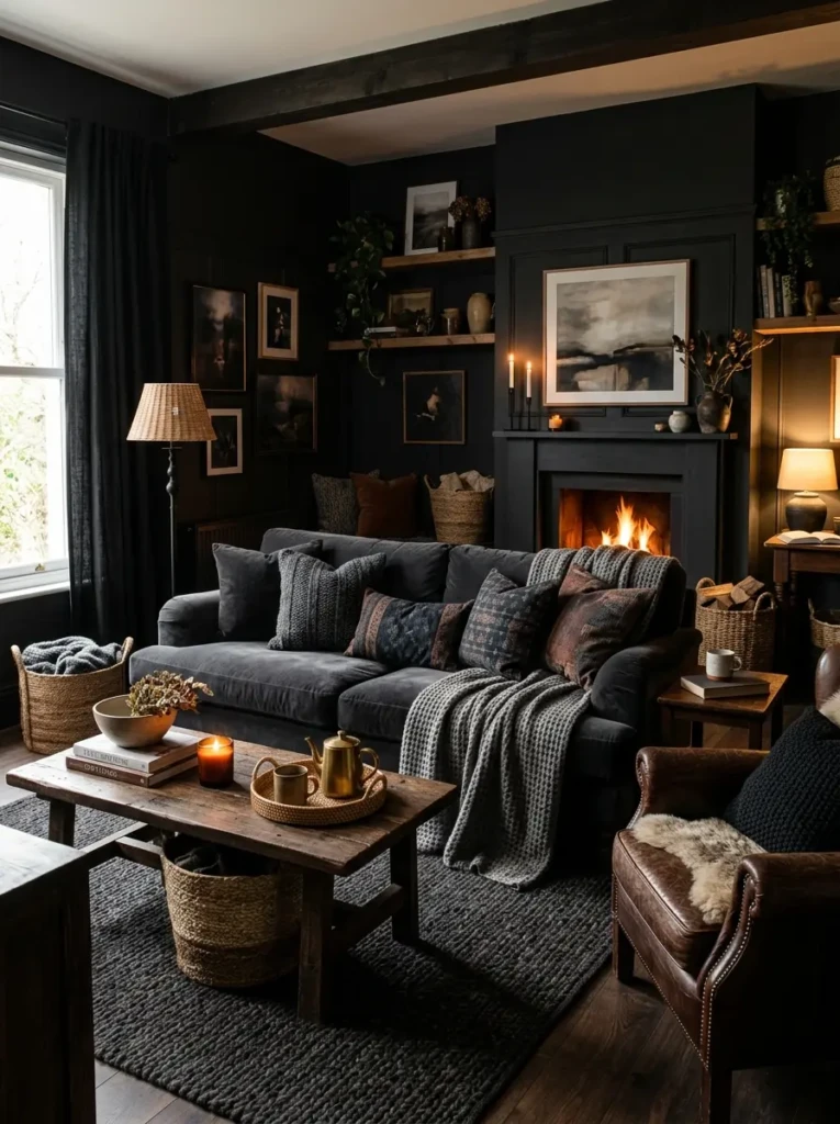 Black living room decor with gold accents, abstract wall art, mirrors, and green indoor plants.