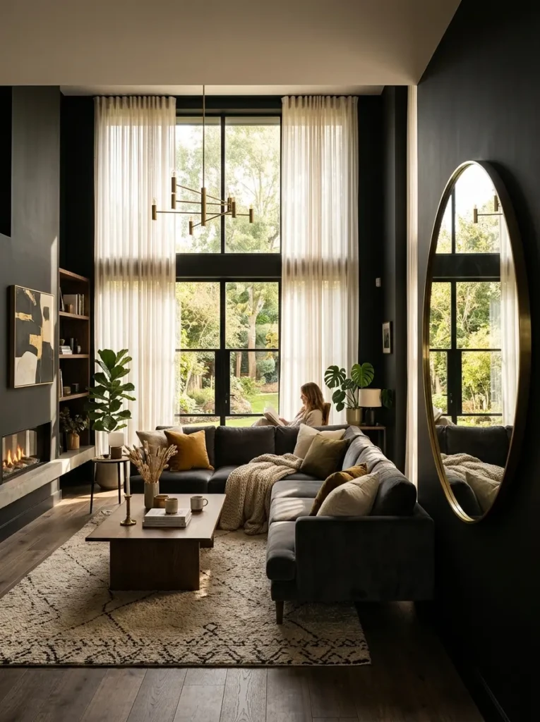 Elegant living room featuring matte black walls, white trim, and modern luxury furniture.