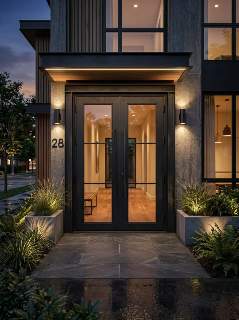 Black steel double doors with sleek contemporary industrial design
