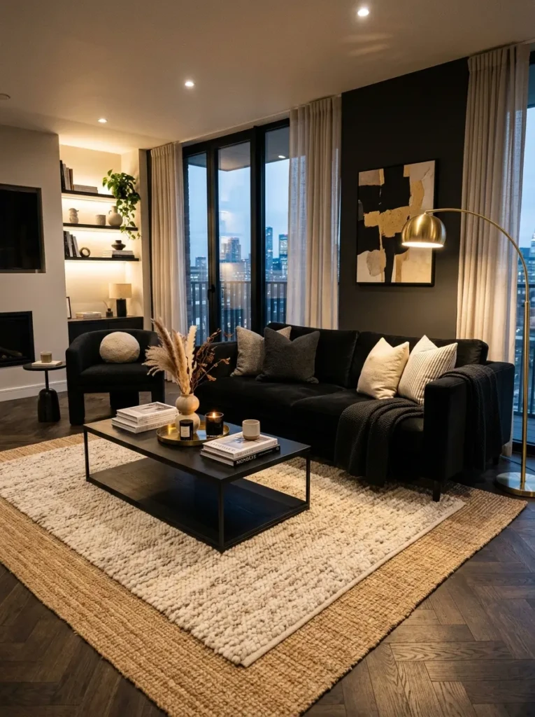 Cozy black living room with layered textures including velvet cushions, leather furniture, and woven decor.