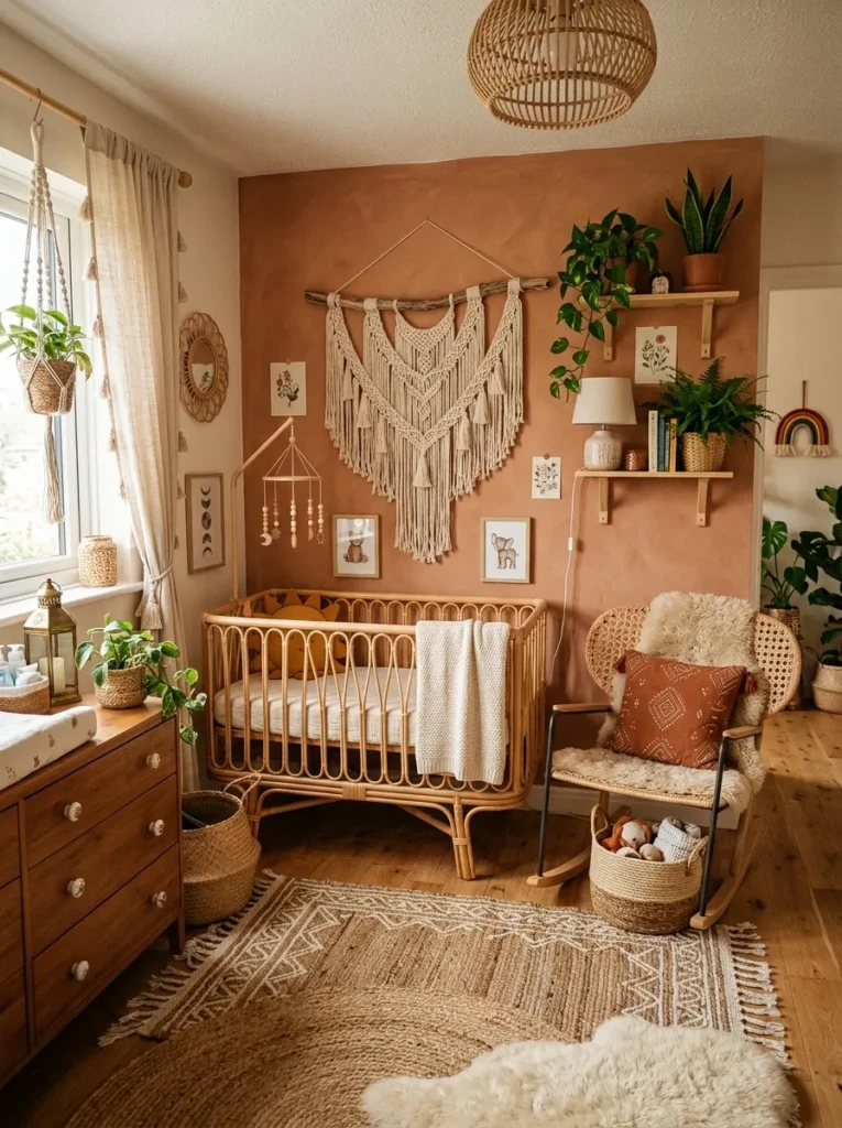 Boho bedroom nursery with macramé wall décor and earthy bohemian textures