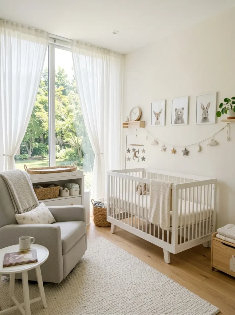 Bright baby bedroom filled with natural sunlight and airy nursery décor
