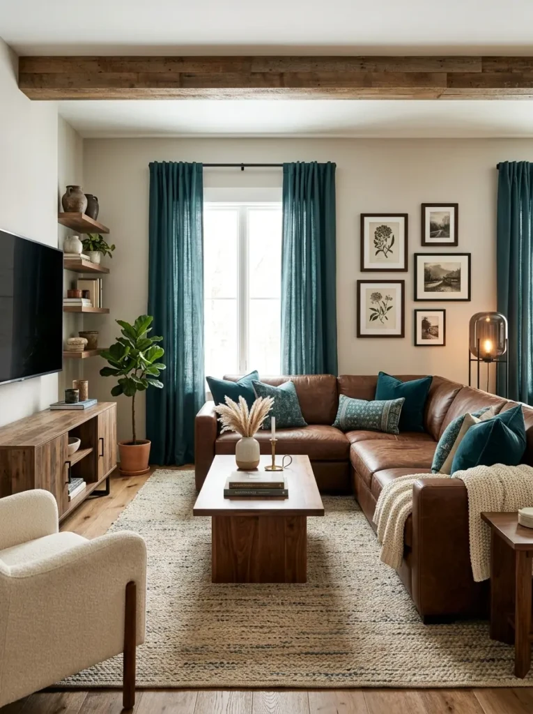 Brown leather couch paired with teal pillows and elegant modern living room accessories