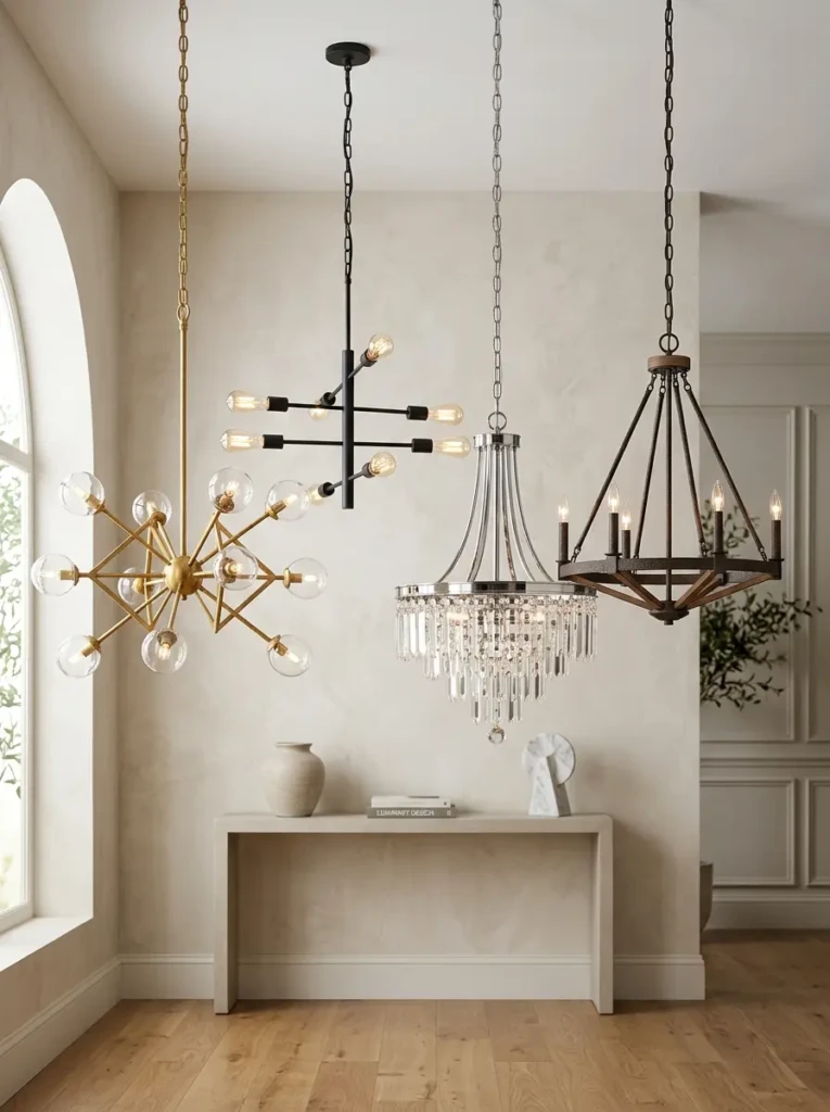Display of chandeliers in gold, black, and chrome finishes highlighting design choices