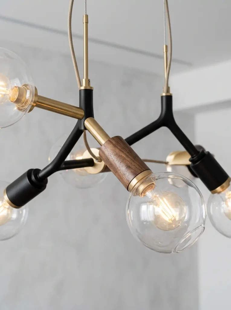 Collection of modern chandeliers made from metal, glass, and wood showing different textures and finishes