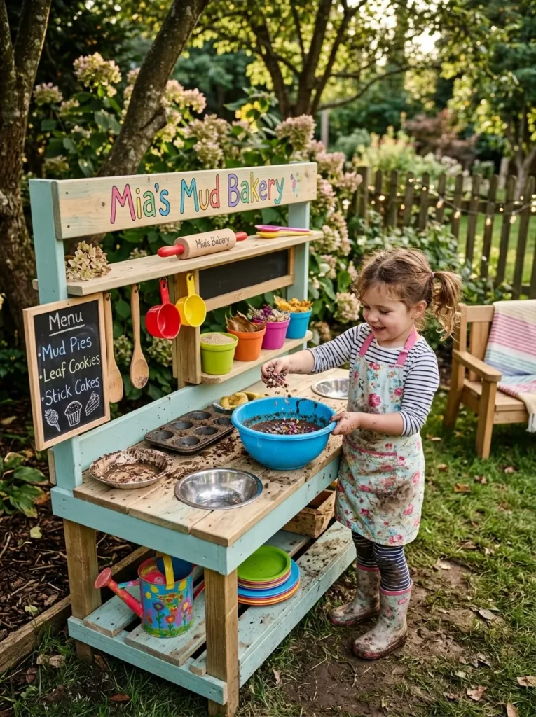 Child decorating and customizing a mud kitchen with creative tools and accessories