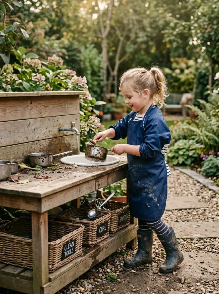 Child washing mud kitchen utensils and organizing them into storage baskets