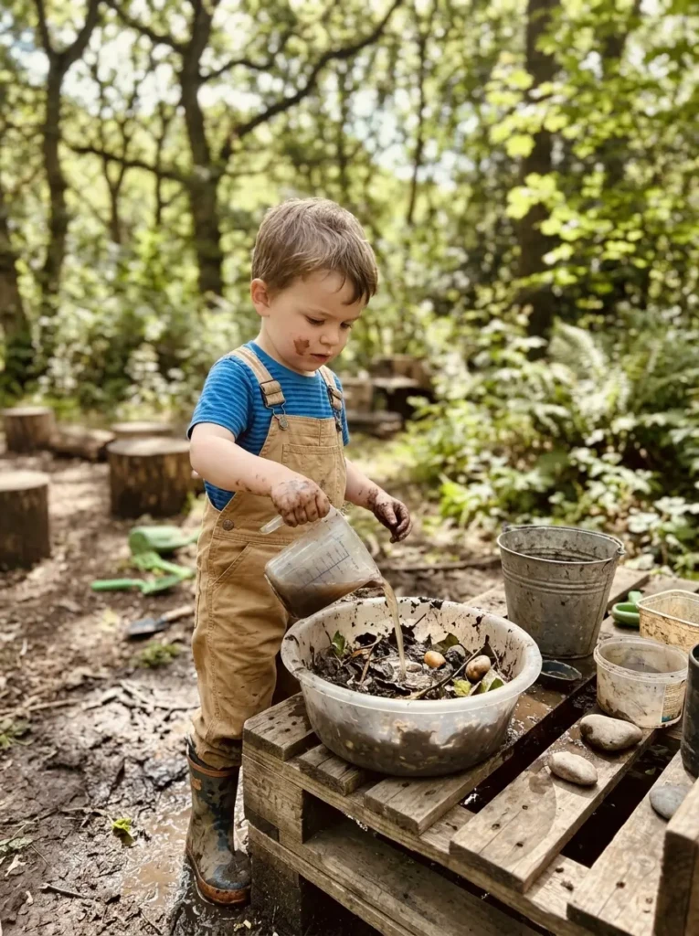 Child mixing mud and water while exploring cause and effect in outdoor play