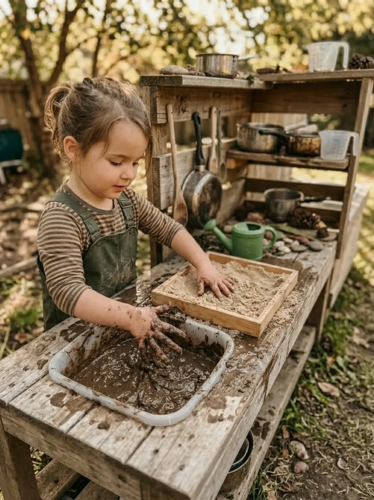 Child exploring textures by touching mud, sand, and water in an outdoor play area