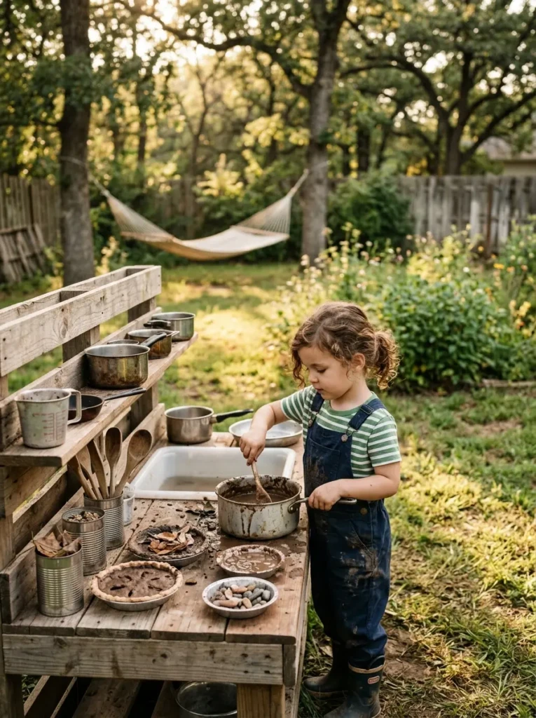 Child playing alone at a mud kitchen, focused on creative outdoor activity